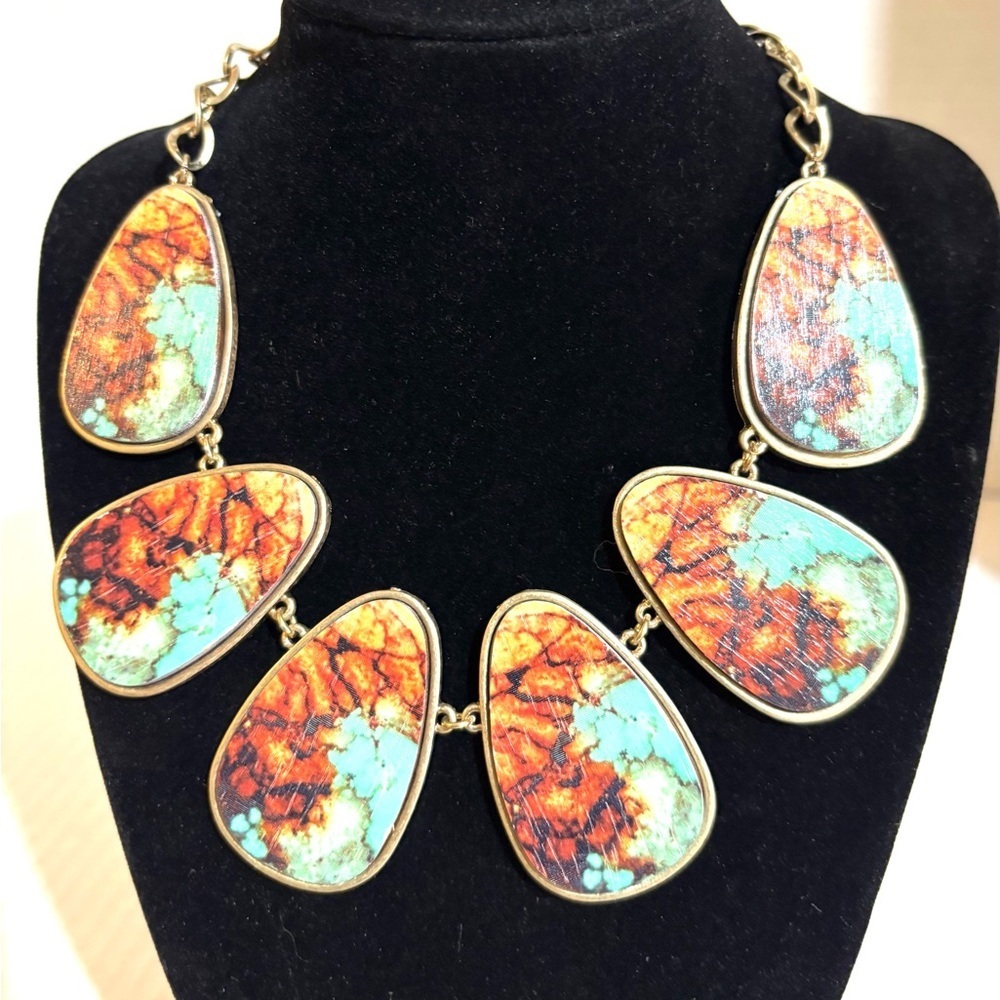 Turquoise & Orange printed wood  Statement Necklace - Women Jewelry